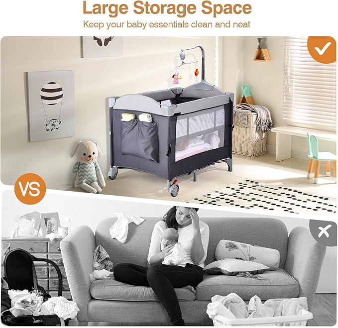 JOYMOR 4 in 1 Pack and Play, Baby Bedside Bassinet, Sturdy Play Yard with Padded Mat and Toy bar with Soft Toys