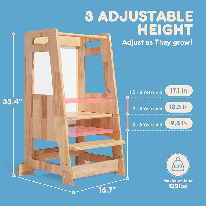 Toddler Kitchen Stools Helper with Adjustable Height and Anti-Slip Protection, Kids Standing Tower with Safety Rail, Kids Montessori Stool with Learning Chalkboard, Natural