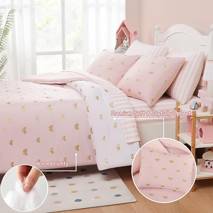 Queen Comforter Set with Sheets for Girls-7 Pieces Queen Bedding Sets with Pink Comforter, Sheets, Pillowcases & Shams for Kids (Pink Gold Bow, 90" X 90")