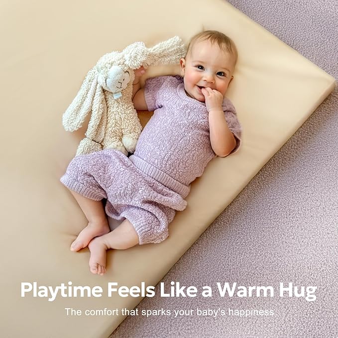Baby Mat for Floor, Thick Soft Non-Toxic Vegan Leather Baby Play Mat, Waterproof Foam Play Mat, Padded Play Mat for Baby, 50x50 Playpen Mat, Infant Playmat for Baby Girls and Boys, Beige
