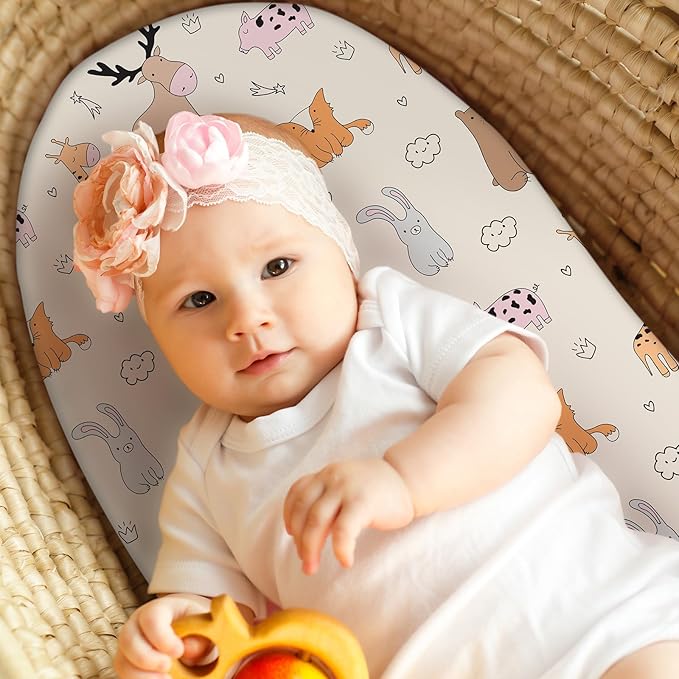 Baby Bassinet Sheets Girl Boy, Fitted Bassinet Sheet Set 3 Pack Bassinet Mattress Sheets Universal Fit for Rectangle, Round, Oval, Hourglass Mattress, Soft Breathable Blue & Apricot Bear