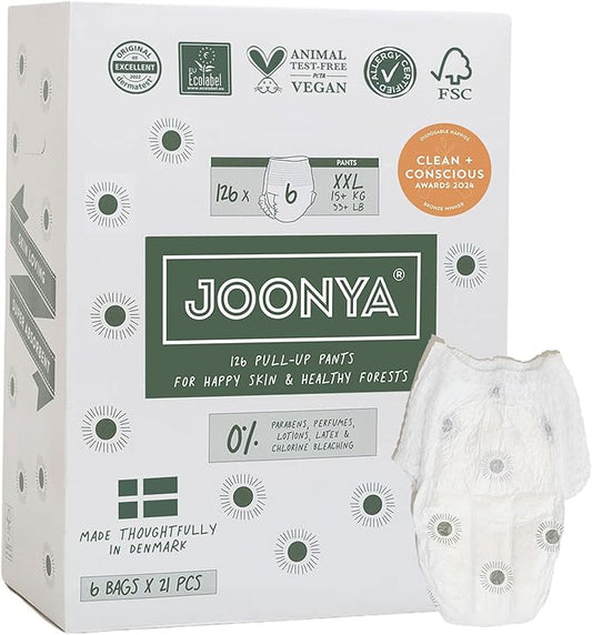 Joonya Pull-Up Pants Baby Diapers, Size 6 XXL (33+ lb) - 6 Bags of 21 (126) - NonToxic, Eco-Friendly, Ultra Slim, Overnight Use - Made in Denmark