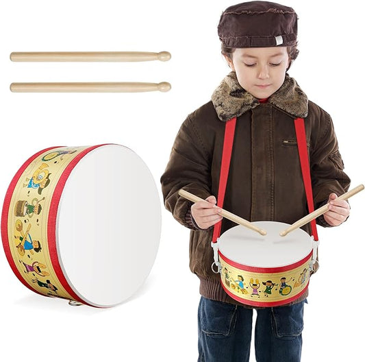 Kids Drum Set 8 Inch Wooden Toy Drum with Adjustable Strap 2 Drumsticks Educational Sensory Musical Instrument Toy Set for Toddlers Kid Baby Boys Girls Gift(Kids Style)