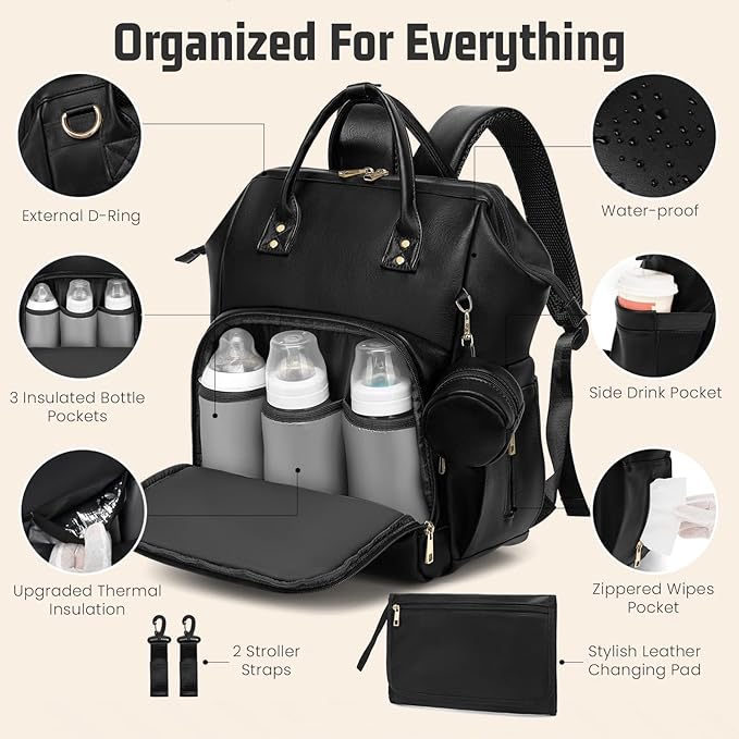 Premium Vegan Leather Diaper Bag Backpack with Waterproof Changing Pad – Reinforced Stitching & Zippers, Baby Bag for Boy Girl, Stroller Straps, Ergonomic Design for Traveling Moms, Black