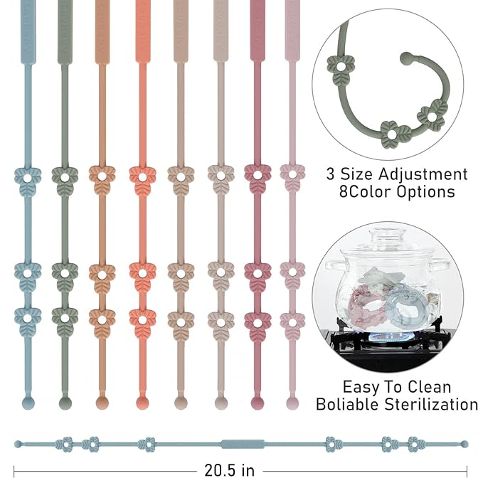 Toy Safety Straps, Silicone Pacifier Clips, Adjustable Stretchable Sippy Cup Straps for Strollers, High Chair, Cribs, Hanging Baskets, Car Seat, Shopping Trolley, 4 Pack, (Ether+Sage+Muted+Apricot)