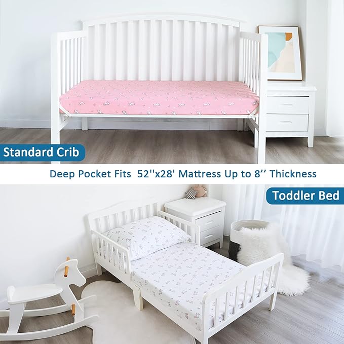 Girl Crib Sheets 2-Pack, Fitted 52'' x 28'' for Standard Crib & Toddler Mattress, Soft and Breathable Material, Neutral & Pink