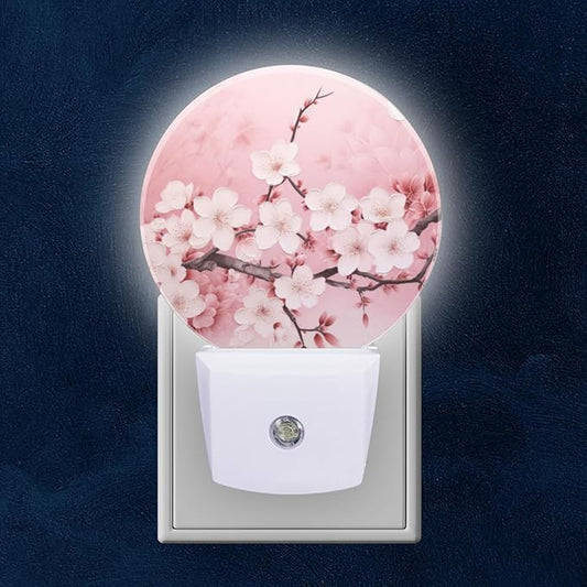 Round LED Night Lights Lamp with Dusk to Dawn Sensor, Delicate Pink Background with Cherry Blossoms Night Light Plug Into Wall for Kids Room, Bedroom, Bathroom, Kitchen, Hallway