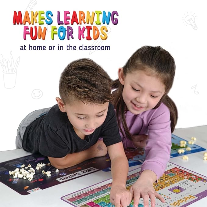 merka Periodic Table of Elements Placemat Set - 17 x 11 in, Multicolor, 4-Pack - Washable Silicone Learning Placemats for Kids Educational Dining & Kitchen Use - Includes US Map & President Info