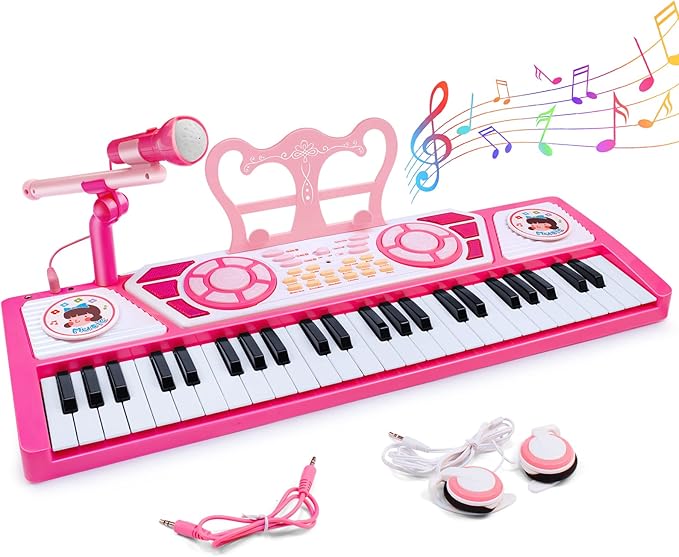 Toys for 3+ Year Old Girls Gift: 49 Keys Kids Piano Keyboard Multifunctional Educational Musical Instrument Toy with Microphone, Earphone, Dual Speakers, Birthday and Xmas Gifts for 3+ Girls Toys