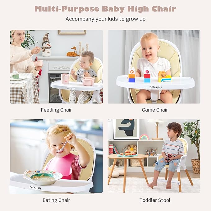 BABY JOY Convertible Baby High Chair, 3 in 1 Wooden Highchair/Booster/Chair with Removable Tray, Adjustable Legs, 5-Point Harness, PU Cushion and Footrest for Baby, Infants, Toddlers (Beige)