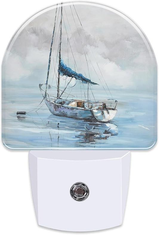 Blue Sailboat in Harbor Night Light Plug into Wall, Boat Ocean Oil Painting Dusk to Dawn Night Light Plug in,0.5w Energy Saving Sleep Friendly NightLight for Kids Boys Girls Home Decor