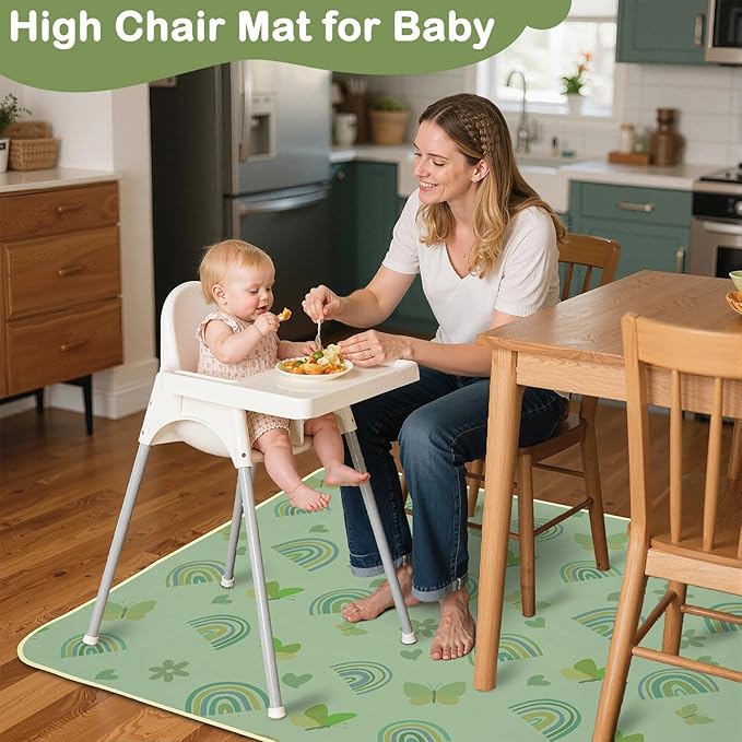 Splat Mat for Under High Chair 42 x 42 Inch Waterproof Baby Splash Mat with Non Slip Bottom Reusable Portable Highchair Mat for Floor Food Catcher for High Chair, Green Rainbow