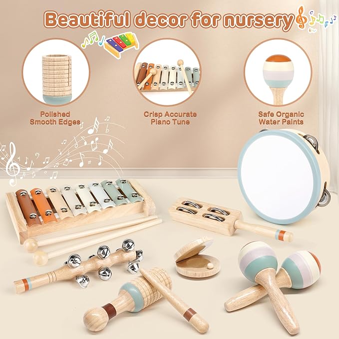 Toddler Musical Instruments, Joyreal Baby Musical Instruments Montessori Wooden Toys for Toddlers 3, Neutral Colors Percussion Instruments Set, Aesthetic Modern Boho Xylophone for Kids Playroom Gifts