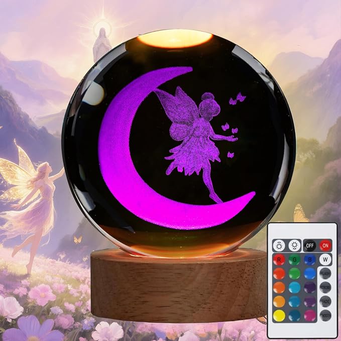 Moon Fairy Night Light, Tooth Fairy Gifts, K9 3.15 Inch (80mm) Crystal Ball Lamp with 16 Colors Remote Upgraded Lamp for Birthday Xmas Cool Fairygirl Figurines Gifts for Room Decor Boys Girls