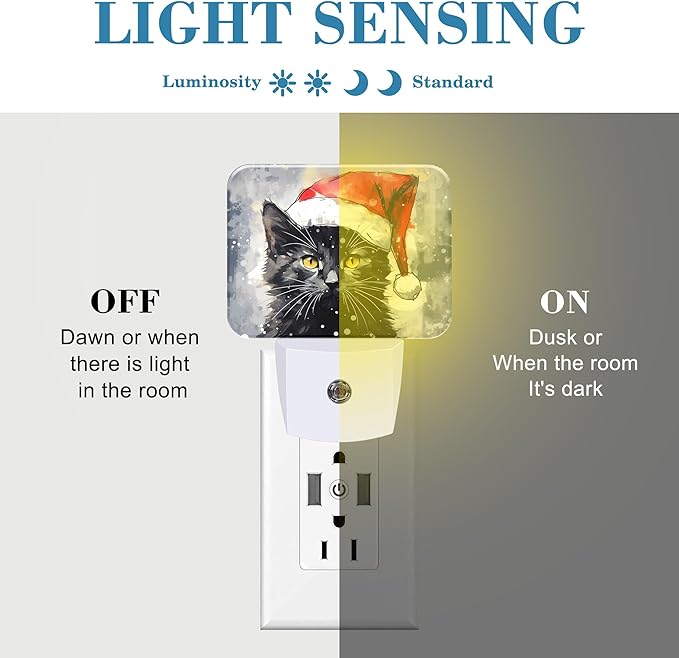 Cute Black Cat with Santa Hat Night Light for Kids, Christmas Cat LED Night Light Plug into Wall with Dusk to Dawn Sensor for Girls Boys Women Bedroom,Hallway,Kitchen,Bathroom,Stairs Decor