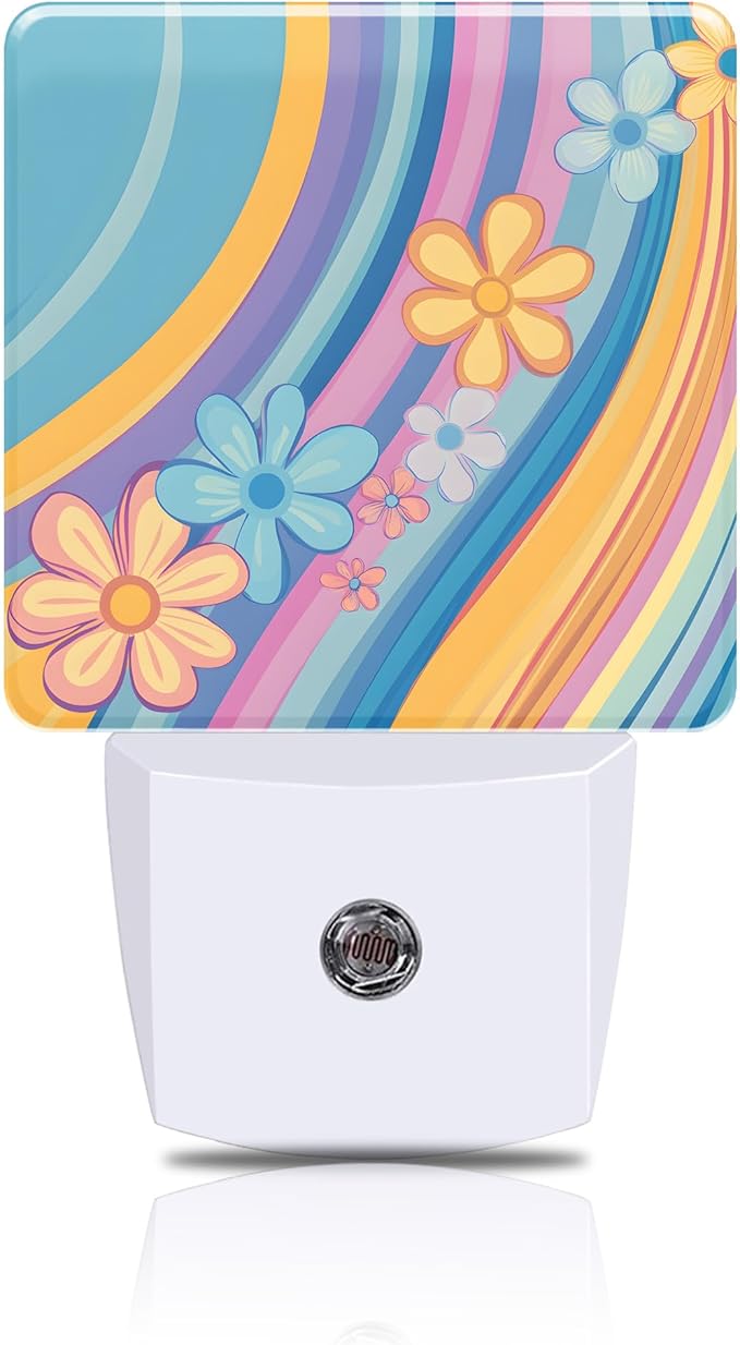 Night Light Retro Rainbow Wavy Floral Night Lights Plug into Wall Smart Dusk to Dawn Sensor 0.5W Energy Efficient Led Lamp for Men Women Bedroom Bathroom Hallway Stairway Decor