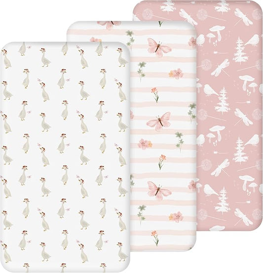 Nap Mat Sheet 47"x24", 3 Pack Pink Floral Baby Crib Sheets Fitted Elastic Corners, Preschool Day Care Rest Mat Cover, Soft Breathable - Compatible with Regalo My Cot, Joovy Travel Cot