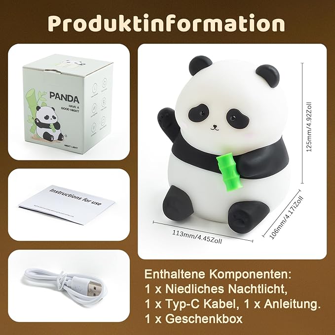 Cute Panda Silicone Night Light, LED Squishy Lamp with 12H/50H Long Battery Life, 2 Levels Brightness by Tap Control, Rechargeable Soft Light for, Kids Bedroom Decor & Gifts for Boys Girls