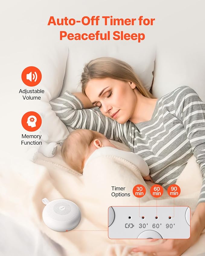 VEVOR Sound Machine, 30 Soothing Sleep Sounds, 3-in-1 Portable and Hangable White Noise Sound Machine with Auto-Off Timer, Soft Ring Light and Memory Function, for Baby, Adults, Home, Office & Travel