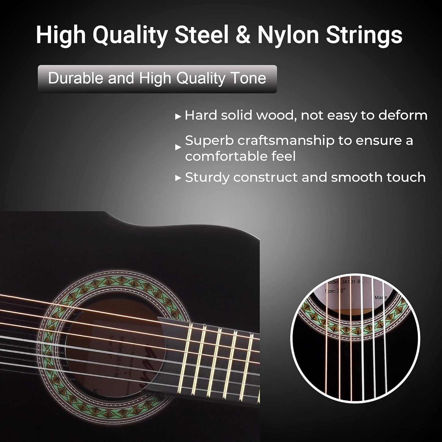 ADM Beginner Acoustic Classical Guitar 30 Inch Nylon Strings Wooden Guitar Bundle Kit for Kid Boy Girl Student Youth Guitarra Online Lessons with Gig Bag, Strap, Tuner, Extra Strings, Picks,Black 1
