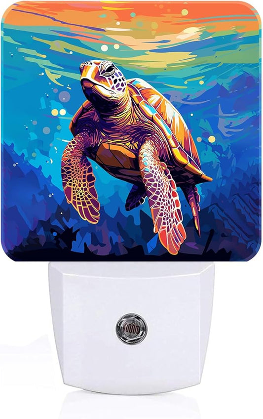Watercolor Wild Turtle Night Light,Plug-in Nightlights Auto Sensor Night Lamp Dusk to Dawn Lamp Home Decor for Nursery Children Girls Boys