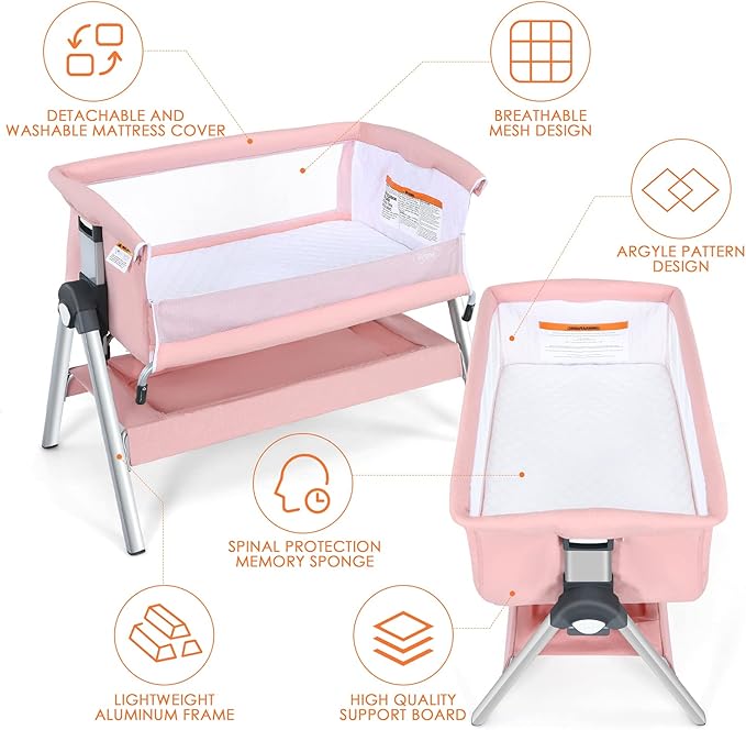 INFANS Baby Bassinet Bedside Crib, Newborn Sleeper w/Large Storage Basket, Adjustable Heights, Detachable &Washable Mattress, Breathable Mesh, Straps, Easy Moving Bed Side (Pink)