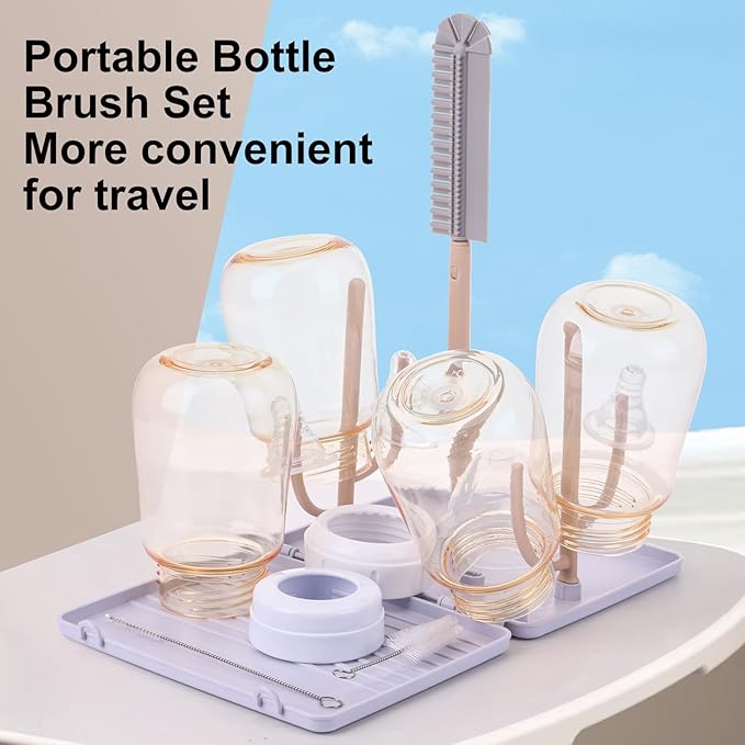 Baby Bottle Drying Rack -Travel Baby Bottle Drying Rack Set, Cleaner Kit with Silicone Bottle Brush,Straw Brush, Suitable for Home use or Traveling with Babies, Camping(Gray) ﻿ ﻿