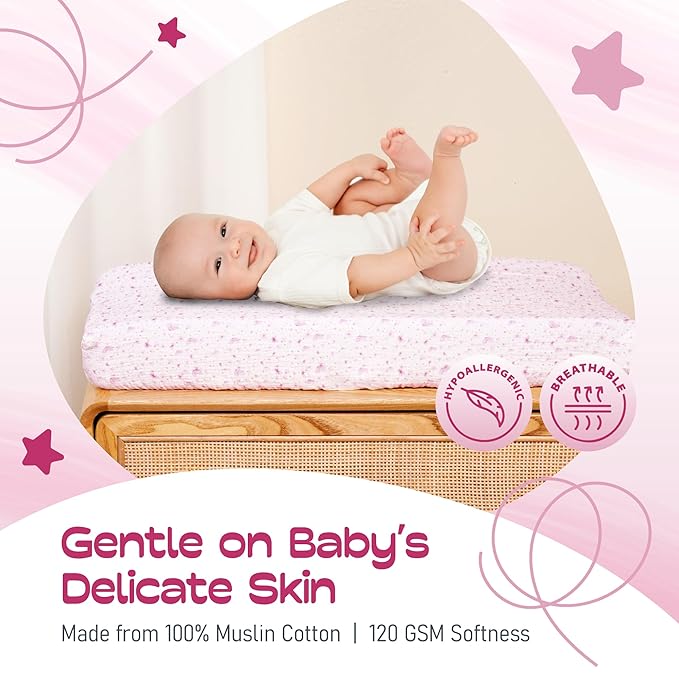 100% Muslin Changing Pad Cover Ultra Soft, Breathable, Secure Fit, Fade-Resistant Prints for Boys and Girls (Pack 2)