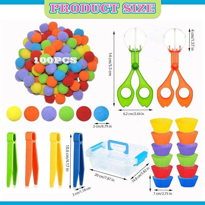 119Pcs Kid Tweezers fine Motor Skills Set,Helping Hands fine Motor Tool Set，Includes 100 Pcs Pompoms,12 Cups,4 Tweezers,2 Clips,1 Storage Box for Counting Sorting Training