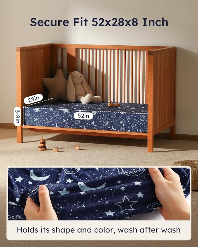 Baby Crib Sheets for Boys Girls, 28x52x8in Fitted Crib Sheet Neutral 3 Pack for Standard Crib and Toddler Mattress, Breathable Soft Microfiber Baby Sheet Blue Gray Planet