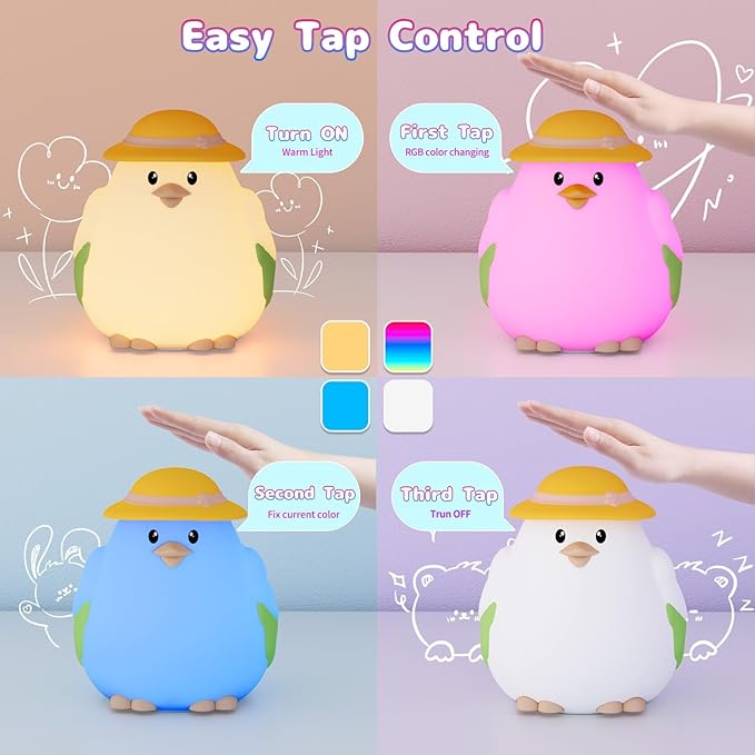 Silicone Night Light for Kids – Rechargeable Tap Control Lamp with 8 Colors, Cute Animal Design for Nursery, Toddler Room Decor, Gifts for Girls and Boys (Chick)