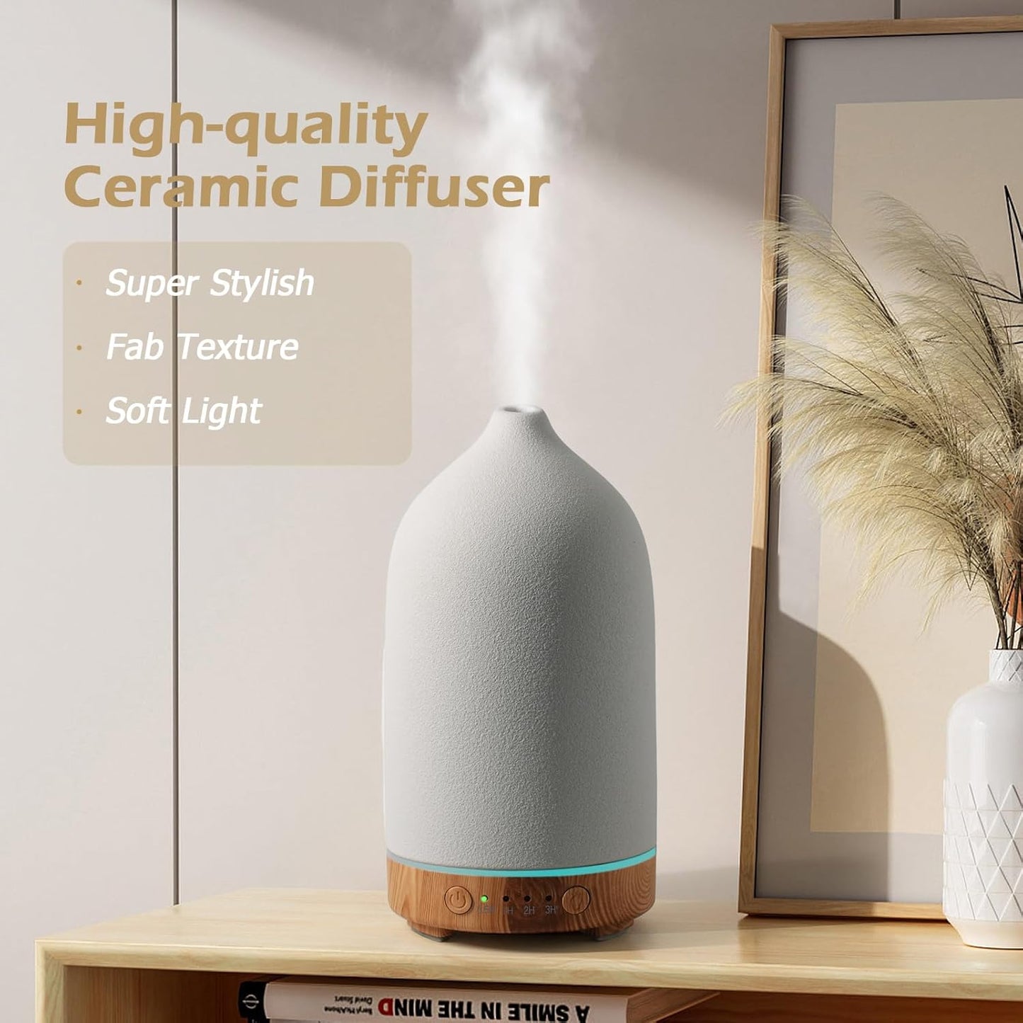 Diffuserlove Ceramic Essential Oil Diffuser for Room, Home, Bedroom - Aromatherapy Air Diffuser With Yellow Wood Pattern Base