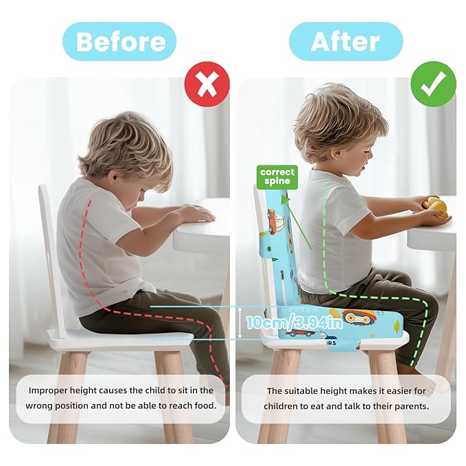 Toddler Booster Seat for Dining Table with Adjustable Straps, Kids Booster Seat for Kitchen Chair with Non-Slip Bottom, Portable Detachable Washable Increasing Cushion (Excavator)