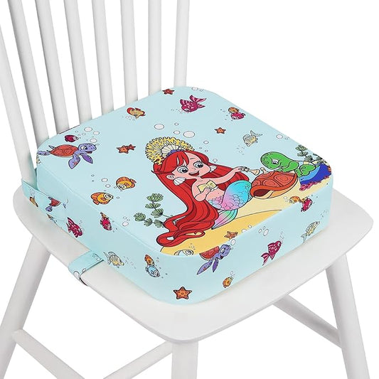 Toddler Booster Seat for Dining Table, Kids Booster Seat for Kitchen Chair with Non-Slip Bottom, Portable Detachable Washable Increasing Cushion with 2 Adjustable Straps (Mermaid)