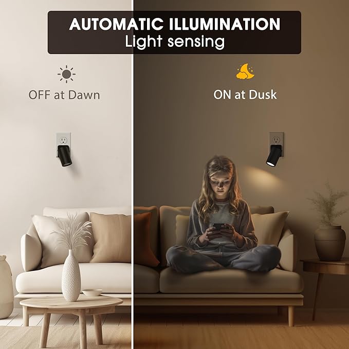 Briignite Night Lights Plug into Wall, 320° Rotation Plug in Night Light, Dusk to Dawn Nightlight, Dimmable Soft White 1W Led Night Light for Bedroom, Spot Light, Kids Room, Stair