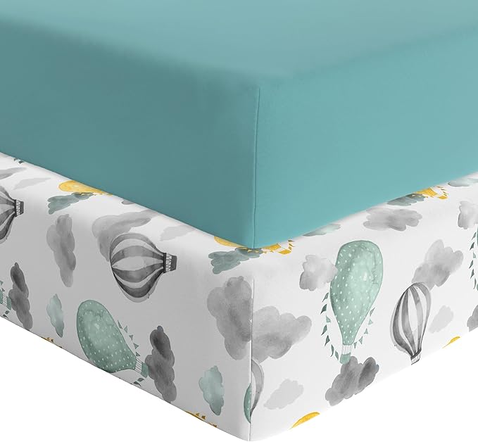 Featherhead™ 2-Pack Fitted Crib Sheets - 100% Cotton - 52" x 28" x 9" for Standard Crib and Toddler Mattress (Percale Green Balloons)