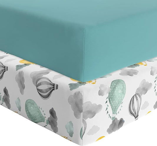 Featherhead™ 2-Pack Fitted Crib Sheets - 100% Cotton - 52" x 28" x 9" for Standard Crib and Toddler Mattress (Percale Green Balloons)