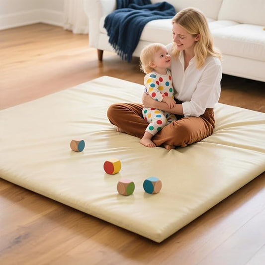 Baby Mat for Floor, Thick Soft Non-Toxic Vegan Leather Baby Play Mat, Waterproof Foam Play Mat, Padded Play Mat for Baby, 50x50 Playpen Mat, Infant Playmat for Baby Girls and Boys, Beige