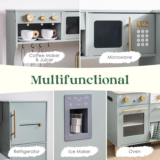 ROBOTIME Play Kitchen for Kids Toddlers, Wooden Pretend Play Kitchen Set Toy with Fridge, Ice Maker, Coffee Maker, Toys Kitchen Gift for 3+ Year Old Kids, Girls & Boys