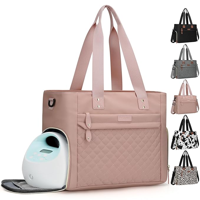 Diaper Bag Tote for Working Mom, Large Travel Diaper Tote for Mom and Dad with 14 Inch Laptop Sleeve, Mommy Maternity Travel Baby Bag for Boys and Girls, Pink