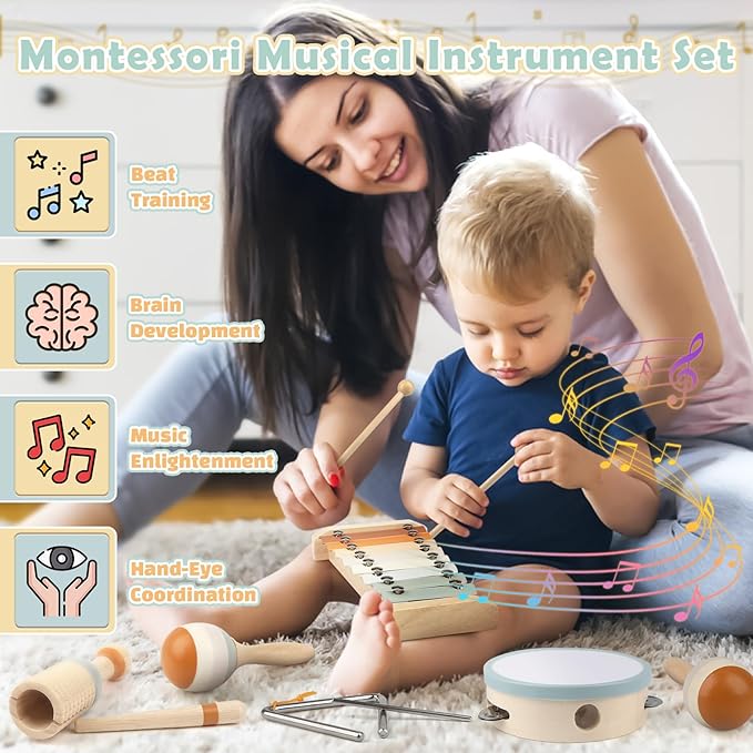 Vanplay Montessori Toys - 6 in 1 Wooden Musical Instruments for Toddlers 1-3, Infant Music Toy for Babies with Boho Xylophone for Boy & Girls Easter Birthday Gifts for 1-2