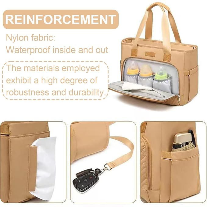 Diaper Bag Tote for Women, Travel Diaper Bag with Insulated Pocket for Toddler & Newborn. Baby Bag with 15.6 Inch Laptop Compartment (Light Brown)