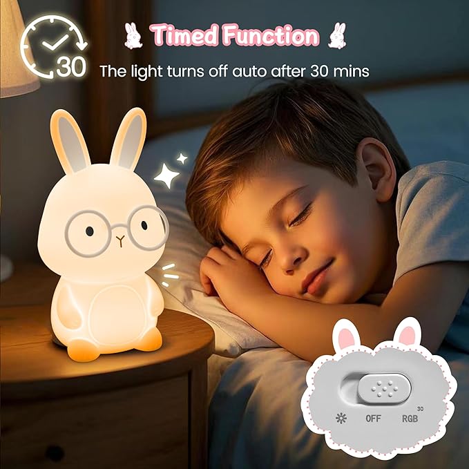Bunny Night Light for Kids, Soft Silicone Nursery Lamp, 7-Color Glow, 3-Level Dimmable Warm Light, Tap Control, 30Min Timer, Rechargeable, BPA-Free, Easter & Birthday Gift, Baby Room Decor, Gray