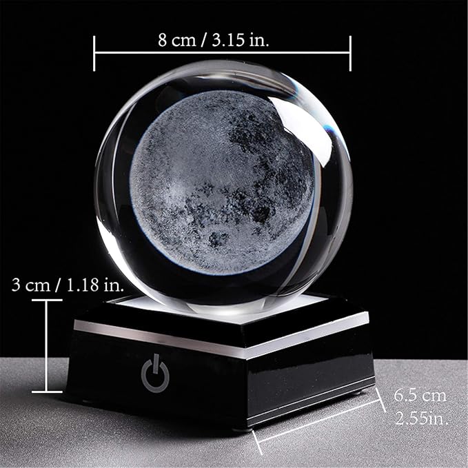 Qianwei 3D Moon Model Crystal Ball Led Lamp Base - Space Decor World Globe Planets Sphere Night Light 80mm 3.15 Inch - Solar System Decor Best Birthday Astronomy Gifts for Men Physics Science Teacher