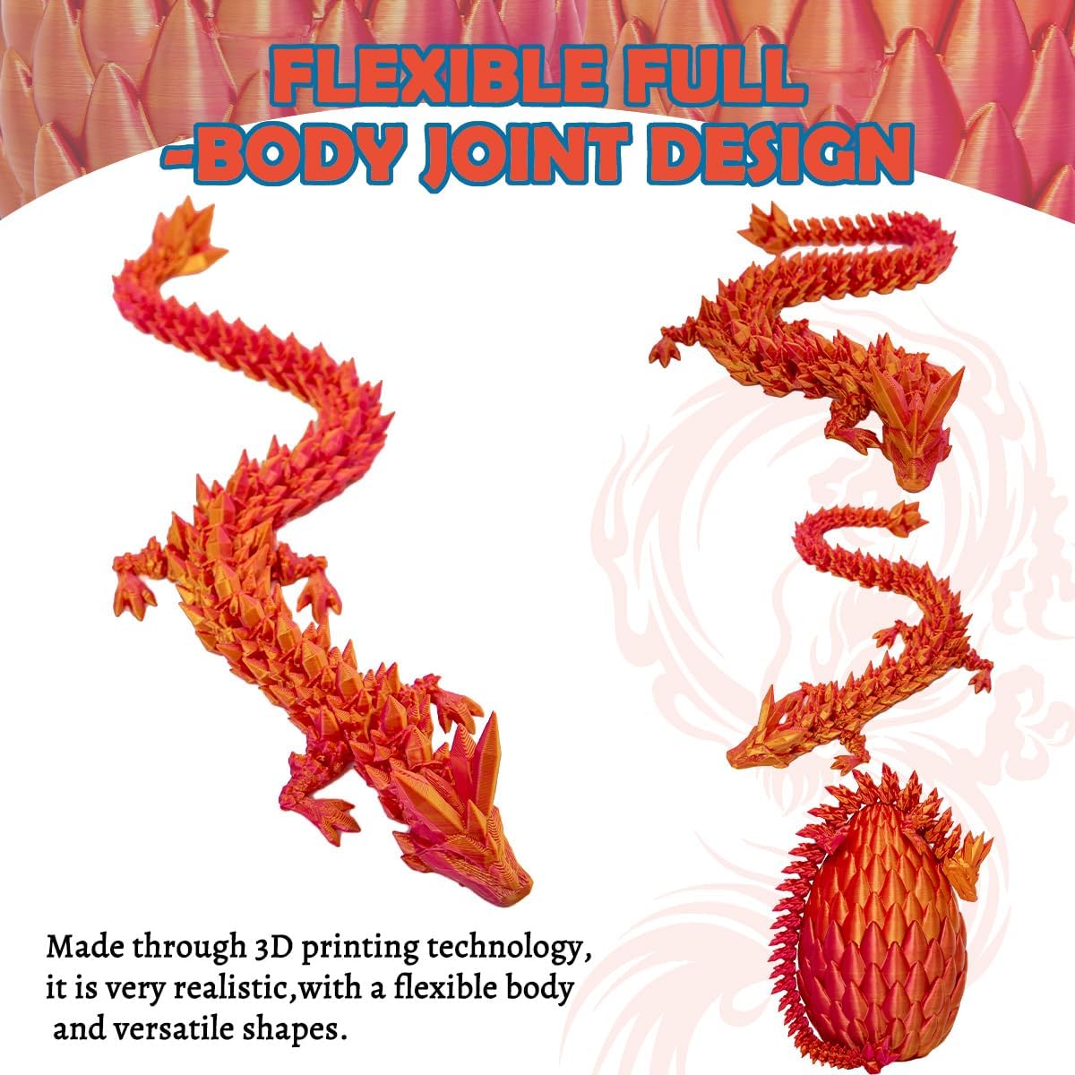 Dragon Eggs with Dragon Inside, 12In Laser Red Golden 3D Printed Dragon Egg Fidget Toy, Executive Desk Articulated Dragon Toy, Home Office Decor