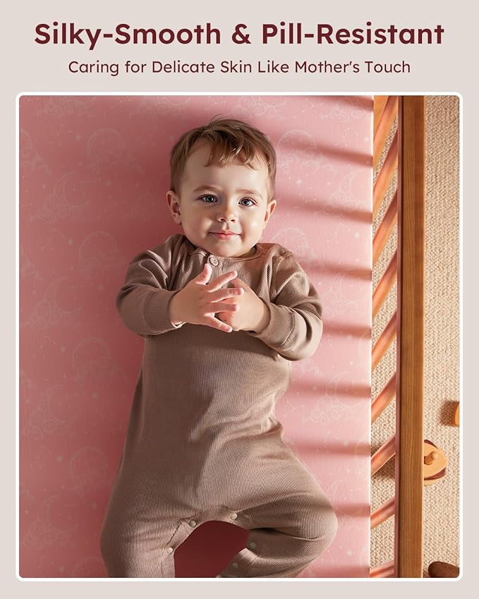 Pack and Play Sheets Fitted 3 Pack, Mini Crib Sheets for Pack N Play Mattress Stretchy Portable Playard Sheets, Soft Breathable Pink White Moon