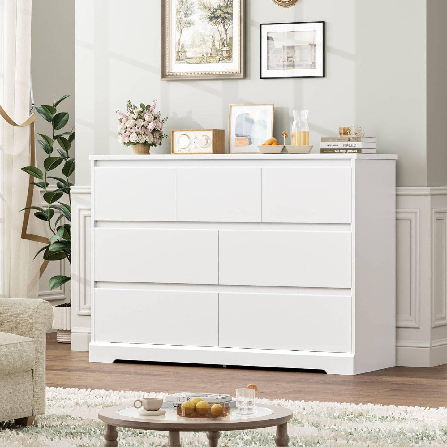 Dresser for Bedroom, Modern White Dresser, Wood Chest of Drawers Nursery Dressers, with Storage, 7 Drawer Double with Handle Free, Large Storage Organizer for Living Room,White