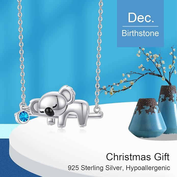 JUSTKIDSTOY Koala Necklace Sterling Silver Cute Animal Koala Bear Birthstone Necklace Jewelry Christmas Birthday Gifts for Women Girls