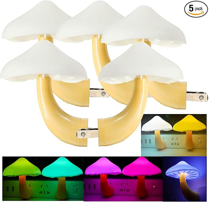 AUSAYE 5Pack Sensor LED Night Light Plug in Lamp 7 Color Changing Mushroom Light Cute Night Lights for Adults Kids NightLight Bedroom,Bathroom,Toilet,Hallway,Stairs,Kitchen,Basement
