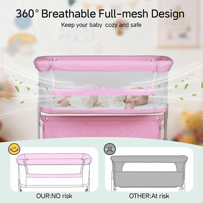 Cowiewie Bassinet Bedside Sleeper,Baby Bassinets Higher Place on Bed,5-Position Adjustment Baby Crib,Breathable 360°All-Around Mesh Sides Bedside Bassinet,Space-Saving Bedside Cribs, Pink